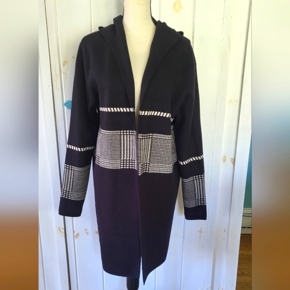 romimona Sweaters - Romimona Longline Hooded Herringbone Block Open Front Cardigan